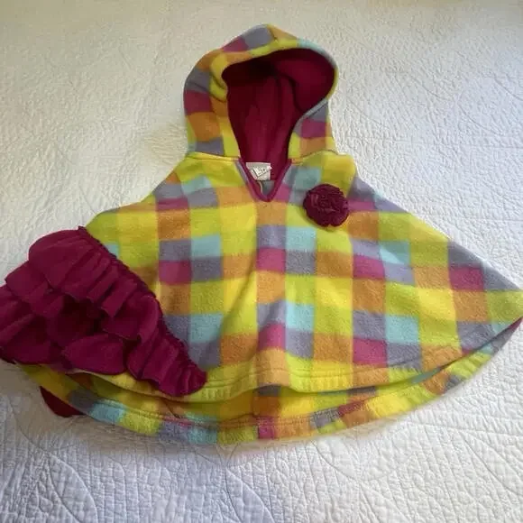 A Million Polkadots Plaid Hooded Poncho Colorful Plaid  with Ruffles 18 Months - Picture 2 of 11